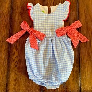 Blue gingham one-piece bubble with red side tied bows 24M by Classic Whimsy